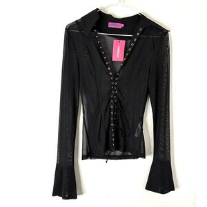 Edikted Sheer Mesh Lace-Up Corset Blouse NWT Black